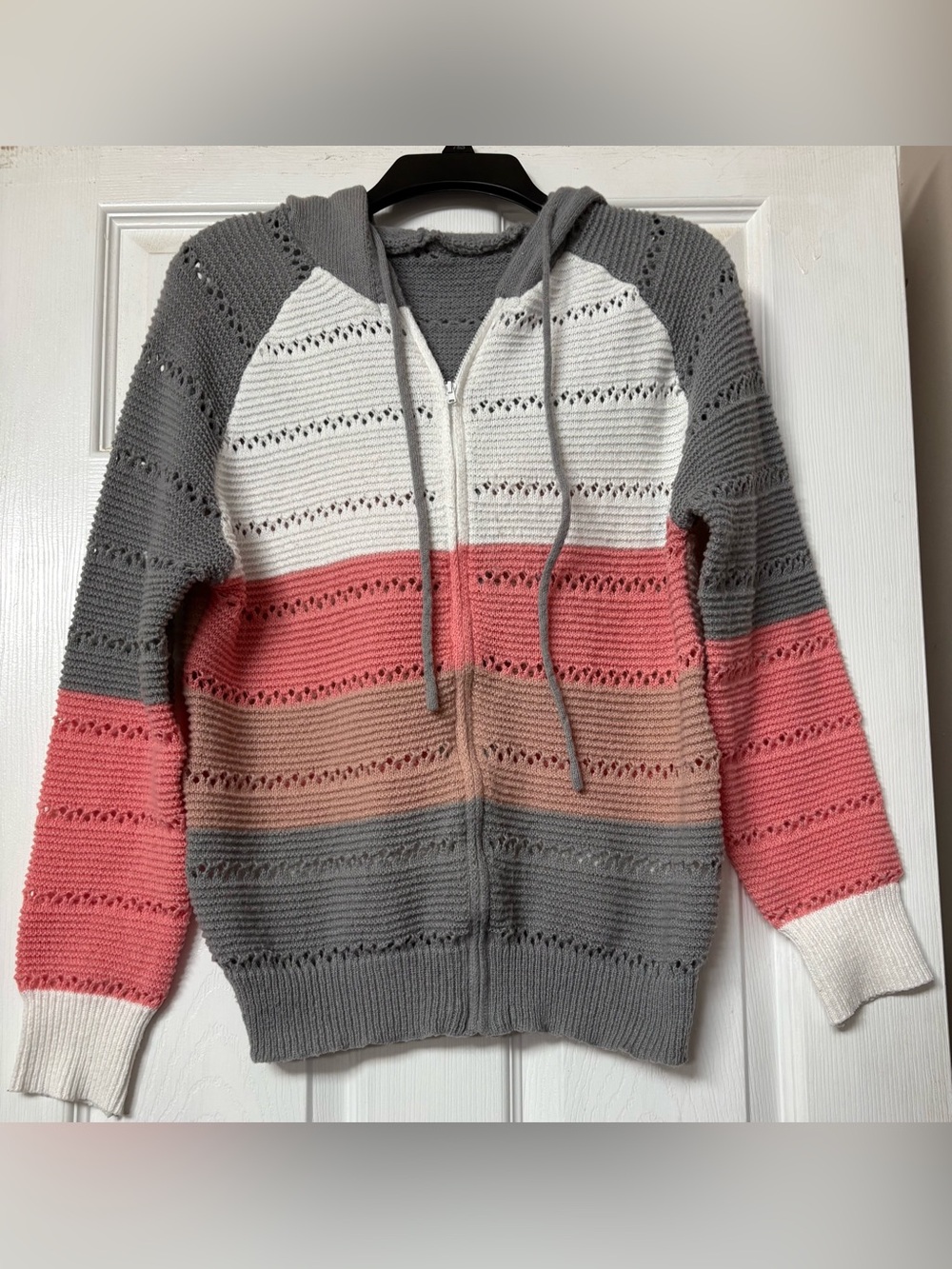 SHEIN Gray White Pink Striped Hooded Zip Cardigan